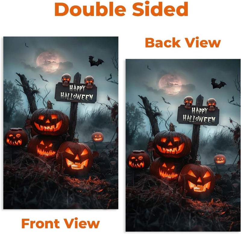 KarvePro Happy Halloween Garden Flag 12x18 – Double Sided Burlap Fall Outdoor Flag with Jack-o'-Lanterns, Skulls, Bats & Graveyard Scene - Image 5